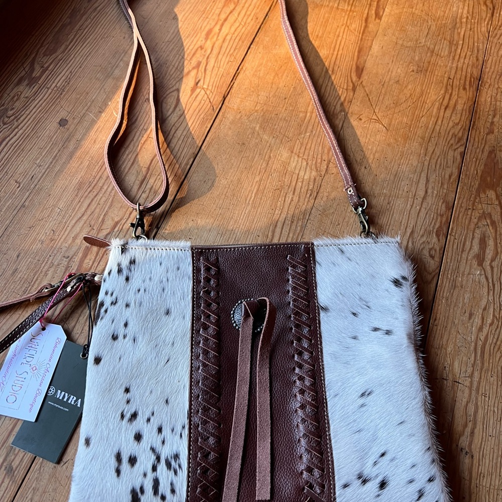 *SOLD* MYRA ROSALINDA CROSS STITCHED LEATHER & HAIRON BAG (NWT)